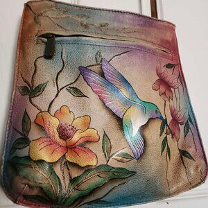 Anuschka Hand-painted Hummingbird Floral Leather Crossbody Bag